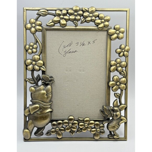 Vintage Winnie The Pooh & Piglet Metal Brass Tone Picture Frame 3.5X5 NO GLASS - Picture 1 of 12